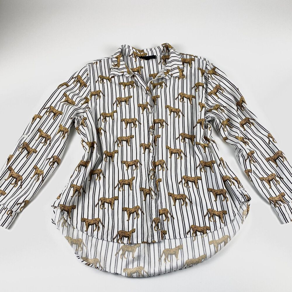 Jane & Delancey Striped Cheetah Blouse Button Up Roll Tab Sleeve Novelty Sz XL